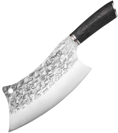 AURMOO Cuchillo de Cocina 20cm, Cuchillo de Chef, Cuchillo Carnicero Cleaver, Cuchillo de Carne de Chef, Cuchillo Cocina en Acero Inoxidable, Forjado, Mango de Madera