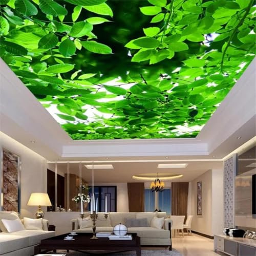 YIBUHANG Papier peint auto-adhésif en pvc 3d pour plafond, papier peint avec plantes à feuilles vertes fraîches, autocollant d'art mural pour plafond de chambre à coucher