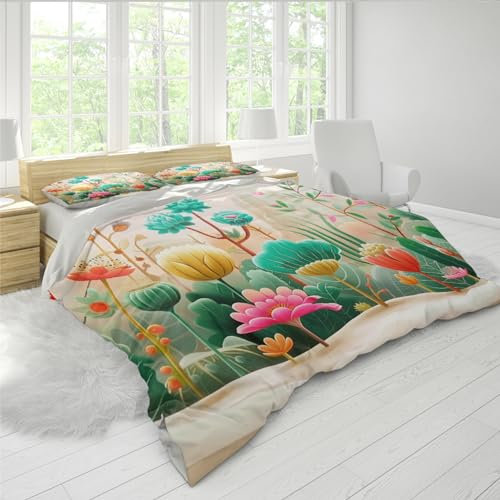 Cartoon-Blumen Bettbezug Set Hotelqualität Buntes Bettwäsche Set mit 2 Kissenbezügen Weiche atmungsaktive Steppdecke Überzug für Jugendzimmer 260x240 cm