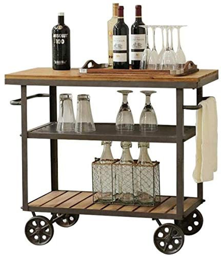 Generisch Rustikaler mobiler Barwagen mit Regalen, industrieller Vintage-Stil, Küchen-Servierwagen, Servierwagen aus Holz und Metall (Farbe: Holz, Größe: 60 x 35 x 75 cm)