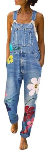TERAZUNO Women's 90s Bib Pants Casual Sleeveless Overalls Vintage Romper Baggy Playsuits Denim Dungarees Adjustable Straps Summer Playsuit Ankle-Length Comfortable Denim Dungarees(Blue,XXL)