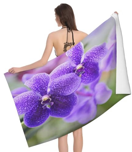 Leichong Telo Mare Microfibra 80x160 cm Orchidea in Fiore, Telo da Bagno in 3D Fiori Viola Asciugamano da Spiaggia da Asciugatura Rapida Assorbente per Palestra, Yoga
