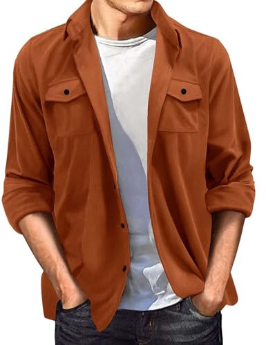 Padded Shirts for Men UK Winter Suede Shirt Collar Long Sleeved Shirt Spring and Autumn Men's Lapel Casual Jacket Men's Cardigan Men t Shirt (Orange, M)