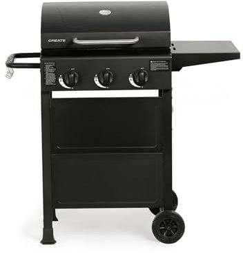 CREATE/BBQ GAS BURNER/Barbecue a gas con 3 bruciatori e tavolo pieghevole/Accensione con pulsante, griglia di mantenimento al caldo, 9kW