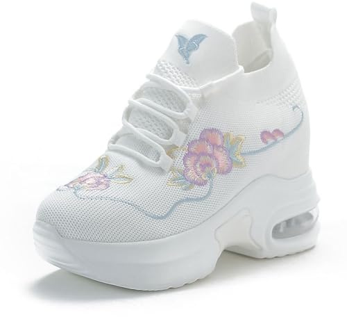 2025 Scarpe da Ginnastica con Zeppa E Plateau 9Cm Ricamate A Mano da Donna Stivaletti alla Caviglia con Tacco Alto Nascosto Scarpe da Passeggio Sandali da Sposa alla Moda(38 EU)