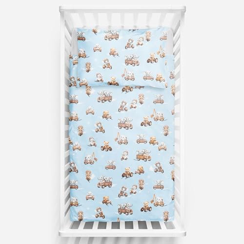 2-teiliges Baby-Kinder-Bettwäsche-Set, 120 x 90 cm, Bettbezug und Kissenbezug für Kleinkinderbett (Tiere im Transport)