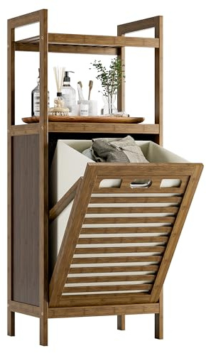 HITNET Bamboo Tilt Out Laundry Hamper, Bathroom Storage Cabinet with Hidden Removable Basket and 2 Open Shelves, Space Saving Bamboo Storage for Clothes, Towels and Toys, Walnut