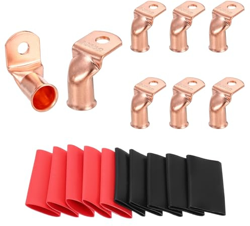 sourcing map 8pcs 3/0 AWG 90° Capicorda in rame piegato per cavo batteria, calibro 3/0 5/16 capicorda per batteria ad anello connettori terminali con 8 tubi termorestringenti 3:1 nero e rosso