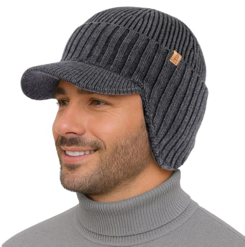 TOP-EX DryKnit™ Bonnet en laine mérinos imperméable à 80 % avec pointe et cache-oreilles pour homme doublé en polaire, bonnet d'hiver thermique avec visière pour le golf pour temps froid, M-XXL, gris