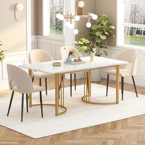HYNHXBP Matbord, 140 x 80 cm, köksbord med metallram, lämpligt för restaurang, vardagsrum, kök, vardagsrum, för 4 till 6 personer (guld + vit)