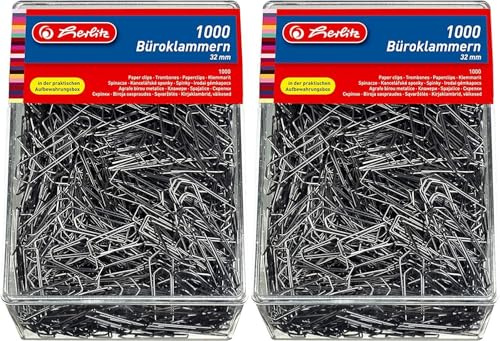 Herlitz 8859100 Büroklammer Brief-, Aktenklammer 32mm verzinkt 1.000er Transparentbox (2000 Stück)