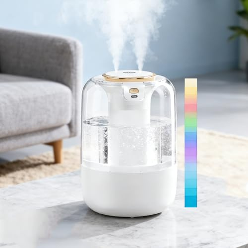 Humidifier for Bedroom,2.2L Cool Mist Humidifier Dual Spray Nozzles Fast Humidification 23dB Whisper Quiet 7 Colour LED & Digital Display, Top Fill for Bedroom Baby Nursery Office Dry Skin & Plants
