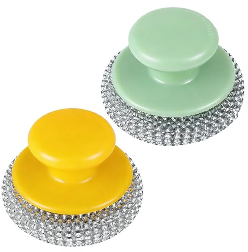 Yuomeaz 2Pcs Stainless Steel Scrubber, Heavy Duty Scourers with Handle, Metal Scrubbing Brush, Sink Cleaner Scourer for Kitchen, Pots Cleaning