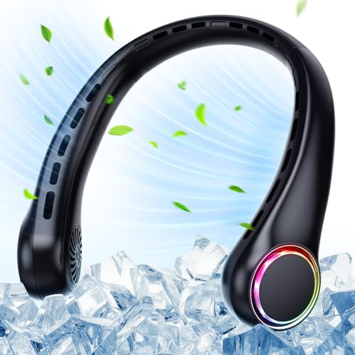 Ultralent Halsventilator,4000mAh Nackenventilator USB Mini Ventilator Hals,Neck Fan,leise,3 Geschwindigkeiten,LED-Licht,Tragbarer Ventilator Nacken für Outdoor,Innenräume,Camping,Reisen,Sport-Schwarz