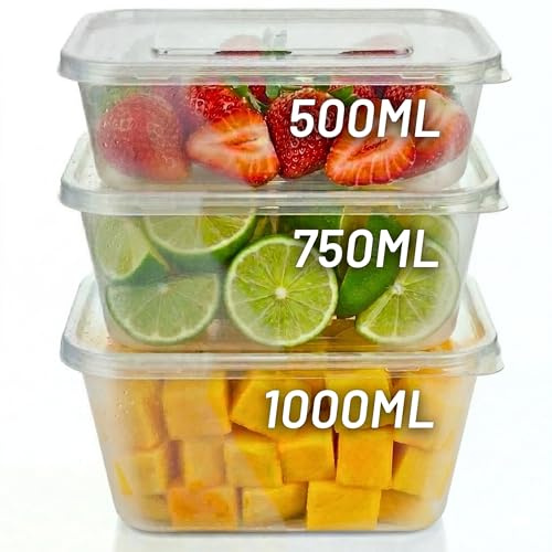 Plastic Food Containers with Lids - 750ml, 10 Pack, Easy Open Corner Tab, Leak Proof, Takeaway Food Storage Meal Prep Container Reusable Tupperware Set, Microwave, Freezer, Dishwasher Safe Boxes