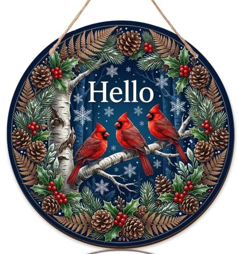 Letrero de bienvenida para puerta delantera, diseño de piñas naturales de invierno, acebo, invierno, madera roja, letrero de bienvenida para porche delantero, decoración colgante del hogar, juego de 1