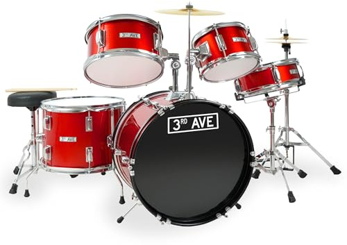 3rd Avenue Junior Kids Beginner Drum Kit, 5-Piece Drum Set with Cymbal, Stool & Sticks in Red - FREE 6 Month Lessons