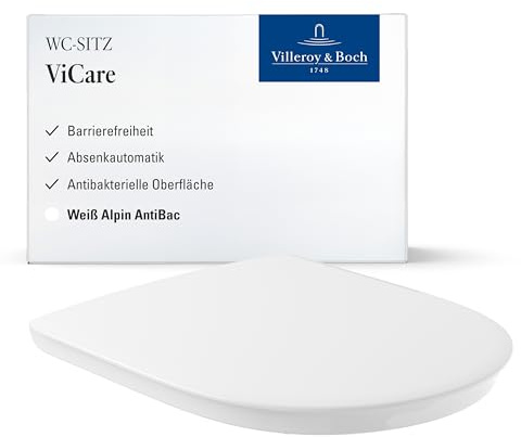 Villeroy & Boch ViCare WC-Sitz, D-Form – Weiß Alpin (AntiBac) | Barrierefrei, antibakteriell, mit Absenkautomatik, abnehmbar, bruchsicherer Duroplast, Original Ersatzteil, 9M67S1T1