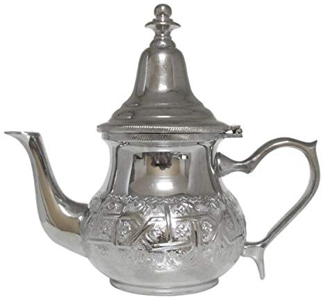 Marockansk tekanna Barradi 400 ml, orientalisk tekanna/teapot 0,4 fat mässing, med integrerat filter, traditionell modell, arabisk kanna silverfärgad med lock, tekokare, tevärmare och tebryggare