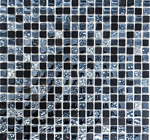 Glasmosaik Quadrat Crystal/Stein mix grau/schwarz Naturstein Fliesenspiegel, Mosaikstein Format: 15x15x8 mm, Mattengröße: 322x305 mm, 10 Matten