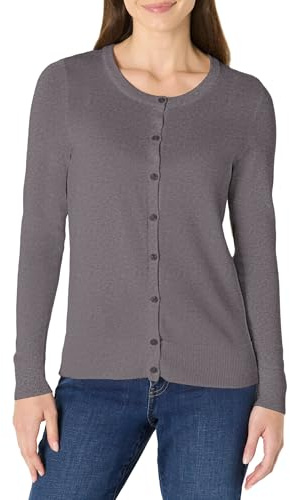 Amazon Essentials Women's Lightweight Crewneck Cardigan Sweater (Available in Plus Size), Charcoal Heather, Large