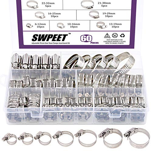 Swpeet - Set of 60 Assorted Sizes Hose Clamps, 304 Stainless Steel, Adjustable, 6-38mm, Worm Screw Hose Clamp, Perfect for Plumbing Applications