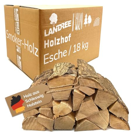 Landree Smoker Holz Esche 18 kg - 20 cm Scheite, für Smoker, Lagerfeuer & Grill, kammergetrocknet, Kaminofen Holz vom Familien-Holzhof aus Schleswig Holstein