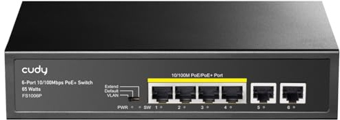 Cudy Commutateur Poe+ 6 Ports 10/100 Mbps, 60 W, 4 Ports Poe/Poe+, commutateur Unmanaged, Mode CCTV, VLAN, Pas d'alimentation supplémentaire, FS1006P