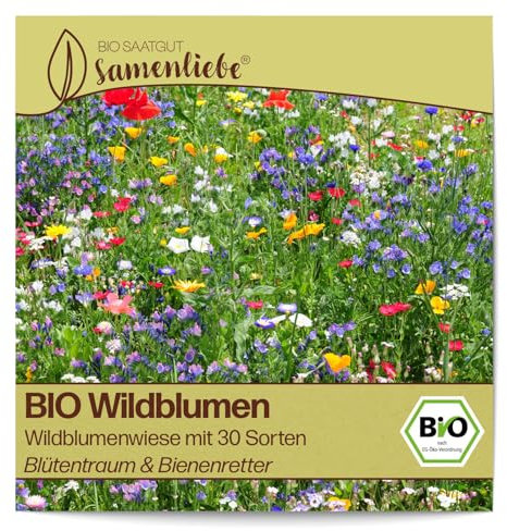 Samenliebe BIO Wildblumenwiese Samen Blumensamen 30-Sorten - 1000 Samen Blumen Samen Garten Wildblumenwiese Saatgut samenfeste einjährig Pflanzen für Garten und Freiland
