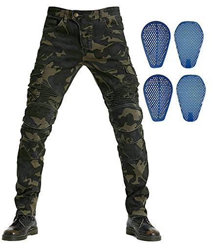 SHAIYOU Herren Motorradhose,Motorrad Biker Jeans Trousers Camouflage Freizeit Hose Riding Schutzhose Offroad Outdoor Combat Tactical Hose Mit 4 Protektoren Und Vielen Taschen (Grün,M)