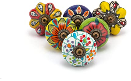 Rasiya Art Ceramic Drawer Knobs for Drawer Door Cabinet Cupboard and Furniture -Assorted Ceramic Pull Handle for Kitchen Cabinet Cupboard Wardrobe Furniture - Pack of 6 | Decorative Countryside Colorful Ceramic Pull Handle Cupboard Wardrobe Knob Boho Room Interior Decor - Assorted Multicolor