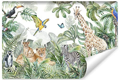 Muralo Fabelhafte FOTOTAPETE Dschungel Tiere Löwen Giraffen Papageien Lemuren Schmetterlinge Tropische Blätter Pflanzen Aquarell modisches Muster für Kinderzimmer Kindergarten Br.315xHö.210