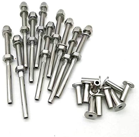 JY-MARINE 10 Pieces Swage Threaded Stud Tension and 10 Pieces Protector Sleeves,316 Stainless Steel Cable Railing Hardware (for 1/8 Wire Rope, 10 Swage Stud+10 Protector Sleeves)