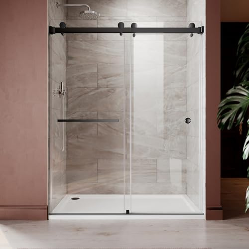 56- 60 W x 80 H Frameless Double Sliding Shower Door, Stainless Steel Bypass Shower Door in Matte Black with 3/8 (10mm) Certified Tempered Clear Glass UKD01-6080-MBL