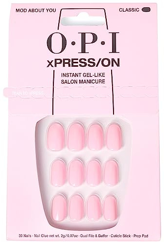 OPI xPRESS-ON Mod About You - Light Pink Short and Round Shaped Press On Nails - With Nail Glue - Long Lasting, Reusable and Non-Damaging False Nails