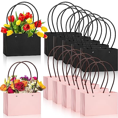 DEAYOU 12 Pack Kraft Paper Flower Gift Bags, Bouquet Bag Box with Handle, Small Paper Carrier Tote Bags with Waterproof Lining for Floral Arrangement, Party Favor, Packaging, Ultra Thick, Black, Pink