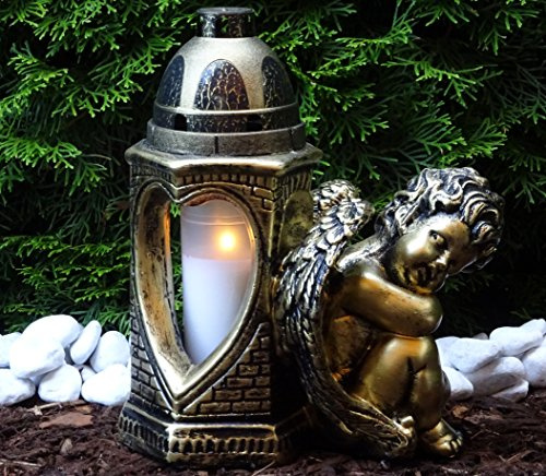Grablampe Grablaterne Grabengel 30,0cm Grableuchte Engel Schutzengel Bronze Kerze Grabkerze Lampe Laterne Grabdeko Grabdekoration Grabschmuck Grabgesteck Grabdeko