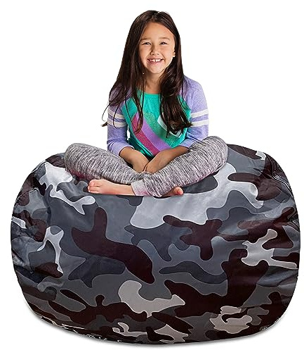 Posh Creations Kids Stuffed Animal Storage Bean Bag Chair Cover - Childrens Toy Organizer, X-Large-48in, Nylon Camo Dark and Black Gray