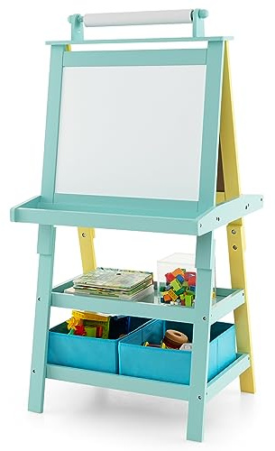 Maxmass 3 in 1 Kids Art Easel, Double-Sided Whiteboard & Chalkboard with Paper Roll, Art Drawing Board Stand for Nursery and Baby Toddler Junior Bedrooms (Blue +Yellow)