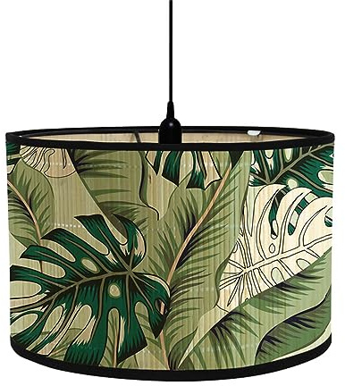Morbuy Bamboo Lampshade for Table Lamp, Tropical Plants Pattern Vintage Style Diameter 30cm Wooden Bedside Light Lampshade Light Shades Wall Light Lamp Shades (Green Monstera)