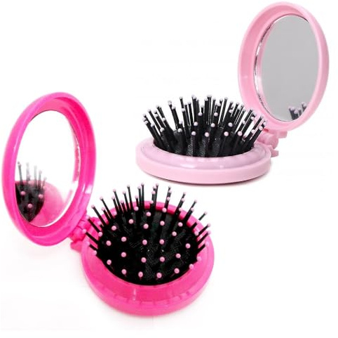 Glamza Mini-Reise-Haarbürste für Damen, rund, faltbar, mit Spiegel, Hellrosa und Euro-Pink