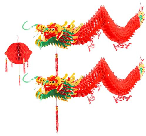 2pcs Chinese Dragon, Dragon Chinois Guirlande Décoration à Suspendre avec 1 Lanterne pour Fête du Printemps Nouvel an Lunaire Fête Maison Magasins Restaurant Chinatown Ornements (1,5m)