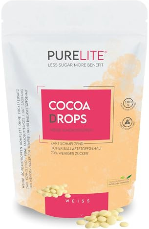 PURELITE Cocoa Drops Weiß, vegetarisch, große Schokodrops ohne Zuckerzusatz mit Erythrit & Stevia – Backen, Schmelzen, Snacken sowie Schokobrunnen, Fondue & Kuvertüre, 450g