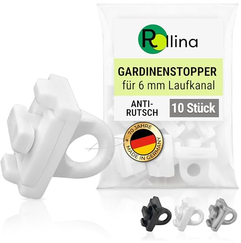 Rollina Premium Gardinenstopper für Schienen mit 6 mm Laufkanal (10 Stück, weiß) | Stopper mit Anti-Rutsch Funktion | Feststeller für Gardinenschienen