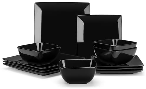 vancasso Soho Dinnerware Sets 12 Pieces, Black Stoneware Square Place Setting, Plates and Bowls Sets, Dinner Plate, Dishes Set for 4
