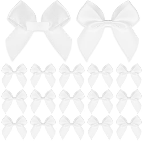 30 PCS White Satin Ribbon Bows 5CM Self Adhesive for Gift Wrapping Decorations Pre Tied With Sticky Gel Pads for Birthday Party Wedding Crafts Gift Bakery Candy Bags