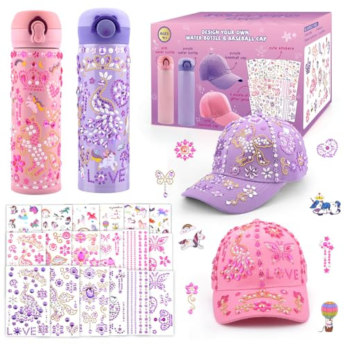 Gifts for Girls 5 6 7 8 9 10 11 Year Old, Birthday Gifts for Girls Age 4-12 | DIY Water Bottle and Baseball Cap Presents Toys for Girl Craft Kit Back to School, Decorate Your Own Water Bottle Kids