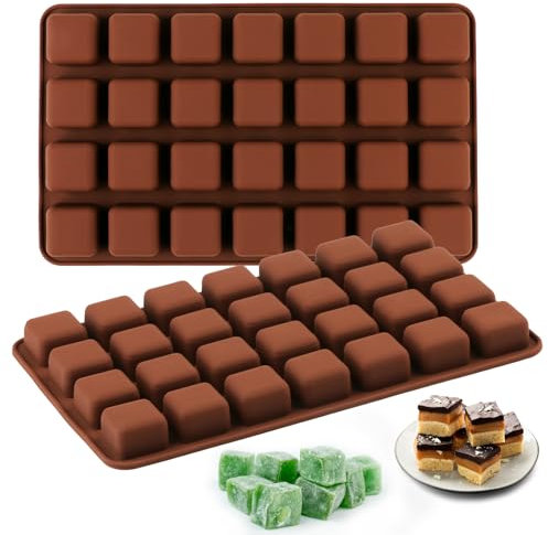 Lot de 2 moules carrés en silicone pour caramel, 56 cavités pour bonbons, chocolat, truffes, bac à glaçons, ganache, gelée, brownie, beurre – Marron