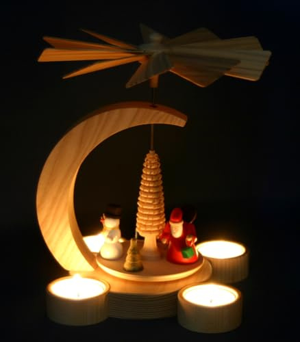 Tisch Pyramide Weihnachtsmann & Schneemann 23cm für Teelicht aus Massiv Holz - Feine Handwerkskunst aus dem Erzgebirge (RM-WM-1)