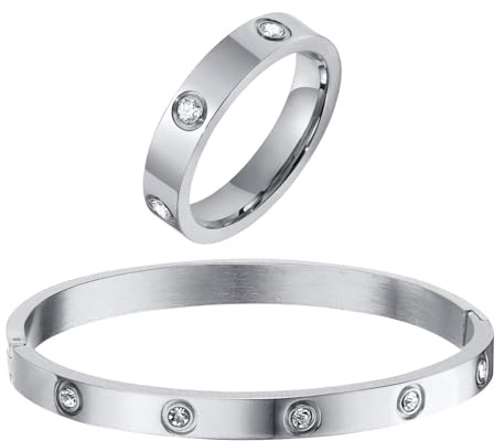 RIXERKOC Gold Ringe Armbänder für Damen 18K Gold plattiert Liebe Freundschaft Armband Cubic Zirkonia Armreif mit Ring Edelstahl Schmuck-Set Hochzeit Band Schmuck Geschenke für Muttertag